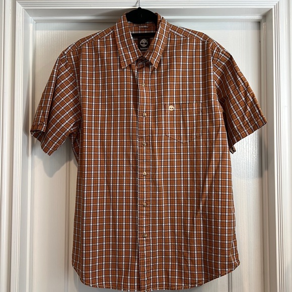 Timberland Plaid Orange Navy Buttoned Shirt Large - Picture 1 of 8